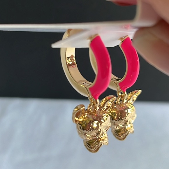 Betsey Johnson Frenchie Enamel Huggie Hoop Earrings Gold neon Pink NWT - Picture 3 of 6